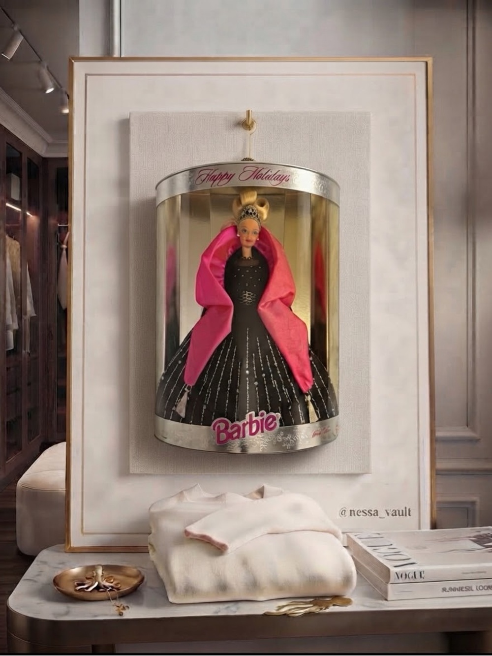 Holiday Barbie 1998 Black Gown with Bright Pink Cape and Silver Tiara